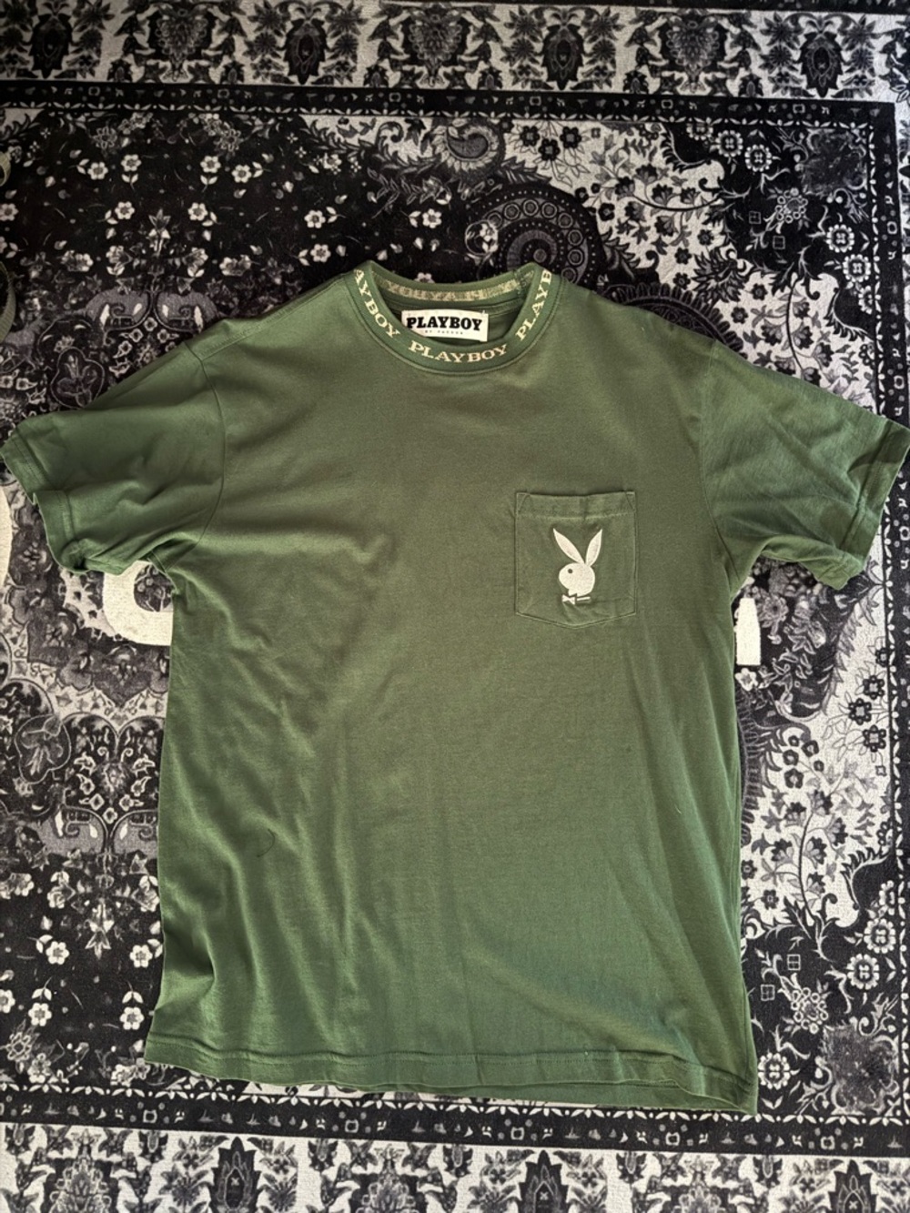 PLAYBOY Olive Green Crewneck Tee with Branded Collar